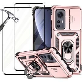 Coque Renforcée Xiaomi 12/12x 5g + 2 Verres Trempés - Armure Pc, Protection Caméra Coulissante, Support Pliable & Aimantée, Or Rose