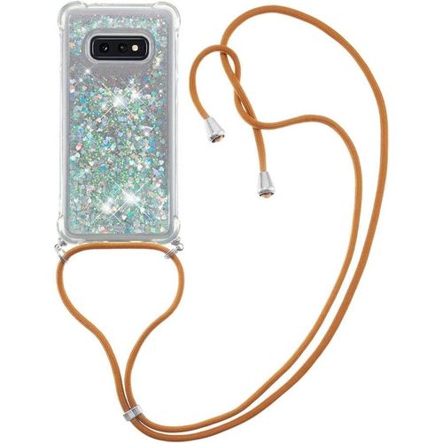Coque Samsung Galaxy S10e - Fine Tpu Silicone Paillettes Liquides Avec Cordon Tour De Cou Réglable 130 Cm, Argenté