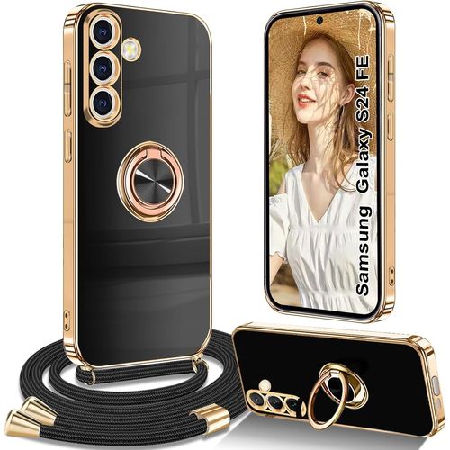 Coque Samsung Galaxy S24 Fe Avec Cordon Silicone Réglable, Collier Détachable, Anneau Rotatif 360° Aimanté, Antichoc Avec Béquille - Noir