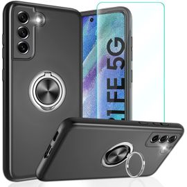 Coque Samsung Galaxy S21 Fe 6,4 Pouces - Anti¿Choc Double Couche Pc+Tpu, Verre Trempé Inclus, Anneau¿Support Discret Rotatif 360° Avec Plaque Magnétique, Certifiée Mil¿Grade, Noir