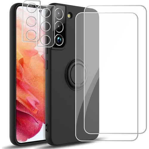 Coque Silicone 360° Pour Samsung Galaxy S22+ (6,6 Pouces) - 2 Verres Trempés + 2 Protège-Caméras, Bague Support Magnétique Voiture, Noir