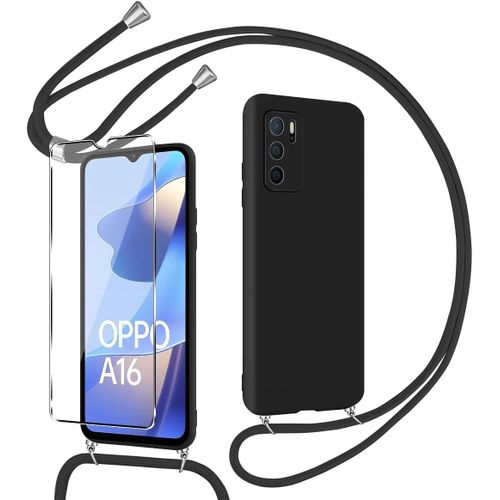 Coque Silicone Compatible Oppo A16/A16s/A54s 6,52"" Avec Lanière Réglable + Verre Trempé ¿ Antichoc & Anti-Rayures ¿ Noir