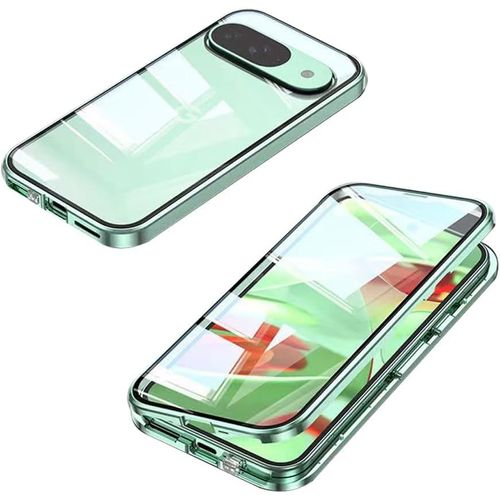 CAUC-Coque pour Google Pixel 9/9 Pro - Protection 360°avec Adsorption Magnétique, Verre Trempé à l'avant et à l'Arrière, Cadre en Métal, Étui pour Google Pixel 9/9 Pro - Grün