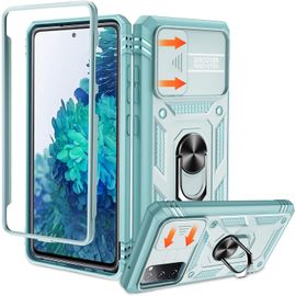CAUC-Coque Samsung S20 FE Antichoc¿avec 2*Verre Trempé+Full Protection Caméra Coulissante¿ Support 360° Rotatif Militaire PC Dur Renforcée Armor Bumper Housse Etui,pour Samsung Galaxy S20 FE-Vert