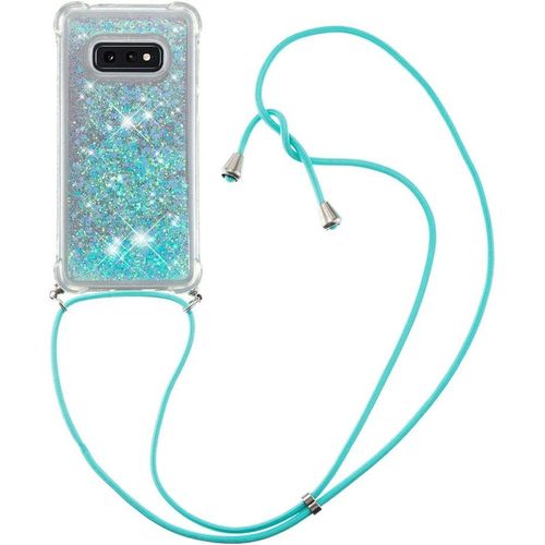 Coque Collier Pour Samsung Galaxy S10e - Tpu Silicone Ultra-Mince Effet Liquide Pailleté Bleu/Argent Avec Lanière Tour De Cou Réglable Et Détachable