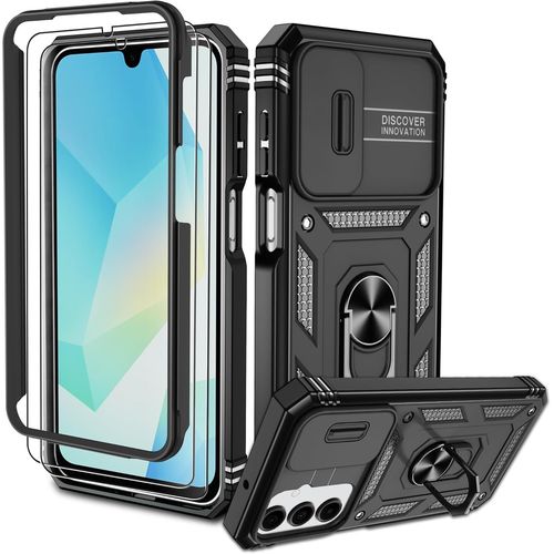 Coque Antichoc Samsung Galaxy A16 (5G/4G) - PC+TPU Renforcé, Protection Caméra Coulissante, 2 Verres Trempés, Anneau Support Rotatif 360° avec Plaque Métallique, Anti¿rayures Noir