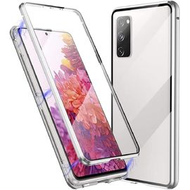 Coque 360° Pour Samsung Galaxy S21 Fe - Bumper Aluminium Aimanté + Verres Trempés Avant/Arrière, Protection Complète Objectif, Transparent Argent