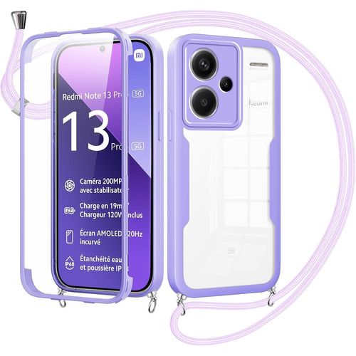 Coque Antichoc 360° Pour Xiaomi Redmi Note 13 Pro Plus 5g - Housse Deux Couches Transparente Avec Protège-Écran Intégré Et Cordon Réglable 1,5 M Anti-Rayures - Violet