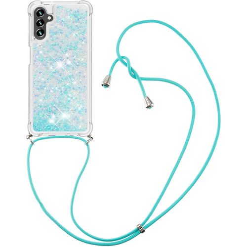 Coque À Cordon Pour Samsung Galaxy A13 5g ¿ Silicone Ultra-Mince Pailleté Liquide Avec Lanière Tour De Cou Réglable, Bleu Argenté