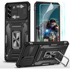 Coque Antichoc Qualité Militaire Pour Samsung Galaxy S21 Fe 6,4"" - Cache Objectif Coulissant, 2 Films Protecteurs, Support Métal Rotatif 360°, Compatible Aimant Voiture - Noir