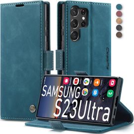 Coque À Rabat En Cuir Premium Pour Samsung Galaxy S23 Ultra 5g - Porte-Cartes 2 Emplacements + Pochette Billets, Support Réglable Et Protection Intégrale - Bleu