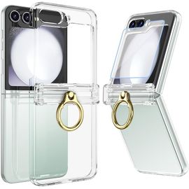 Coque compatible Samsung Galaxy Z Flip 5 ¿ charnière protégée, anneau support 360° / béquille, protection verre trempé arrière, PC soft-touch transparent