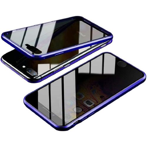 Coque Confidentialité Iphone 6 Plus/6s Plus - Verre Trempé Anti-Espion 9h, Dos Transparent, Cadre Métallique Magnétique 360° Bleu, Compatible Charge Sans Fil