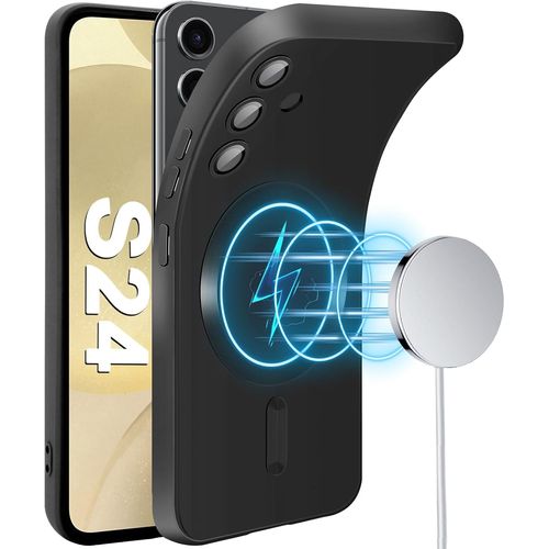 Coque Compatible Magsafe Pour Samsung Galaxy S24 5g (6,2"") - Silicone Tpu Ultra-Fin Antichoc, Dos Métal Mat Avec Aimants Renforcés, Bords Surélevés Et Protection Caméra - Noir