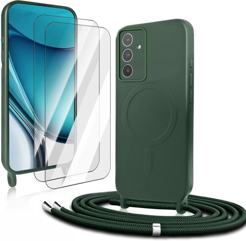 JGD-Coque avec Cordon pour Samsung Galaxy S25 5G, Coque Magnétique de Cellulaire Corde Silicone Étui avec 2 Verre Trempé avec Réglable Collier Téléphone Chaîne Housse Case pour Samsung S25, Vert