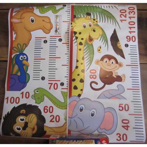 Toise Autocollante 130 Cm Motifs Animaux De La Jungle Girafe Éléphant Chameau Singe Lion Serpent