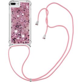 Coque Silicone Ultra¿Mince Pour Iphone 8 Plus/7 Plus/6 Plus/6s Plus Avec Paillettes Liquides Quicksand Et Lanière Réglable - Rose