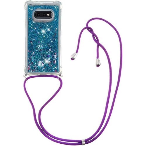 Coque Silicone Tpu Ultra Fine Pour Samsung Galaxy S10e Avec Lanière Collier Réglable Et Paillettes Liquide - Bleu