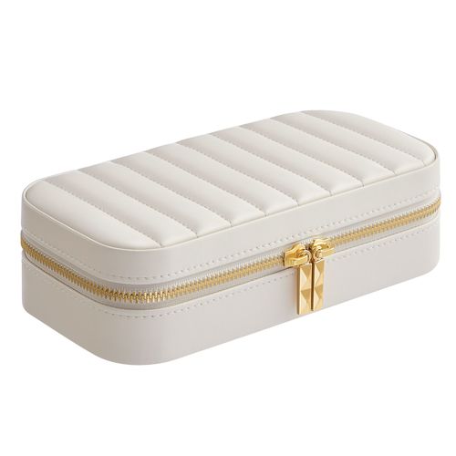 Boîte à bijoux de voyage, Petit Coffre à accessoire avec miroir, 10,5 x 20,5 x 6 cm, Surface PU avec coutures, Portable, Zip, Cadeau, Blanc Nuage