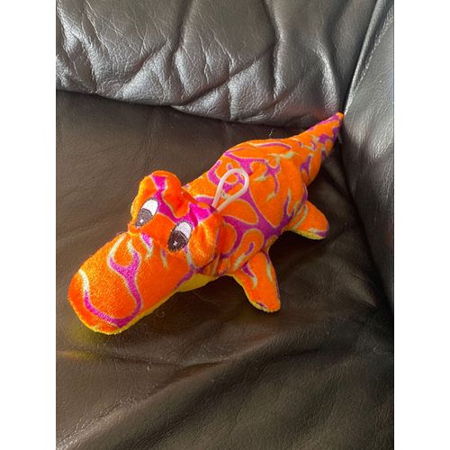 Doudou peluche crocodile orange et violet jaune 29cm
