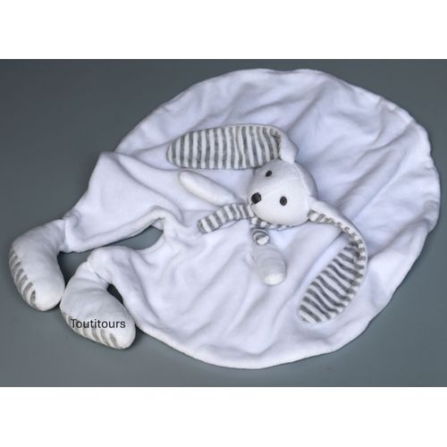Doudou lapin plat blanc gris Bouchara