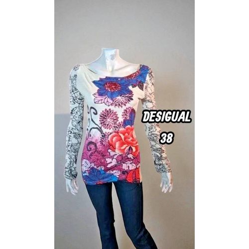 Desigual Taille 38 Haut Top Tee Shirt Manches Longues Tunique Crème Rouge