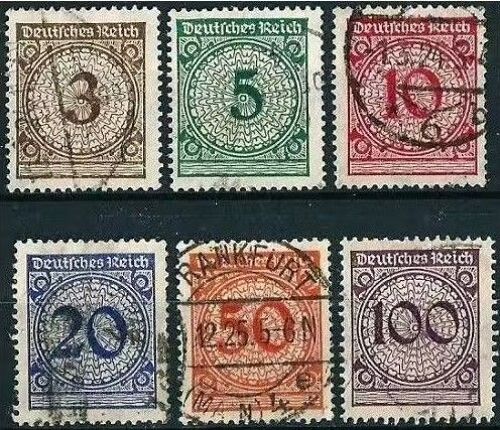 Allemagne, Rép. De Weimar, 1923 - Période Post Réforme Monétaire ; 6 Beaux Timbres Yvert 331 À 336 Chiffres Sur Fond Rosace, Oblitérés Tbe.