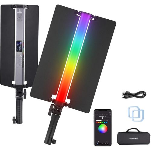 NEEWER Baton Lumineux Tube LED RGB2 + Barndoor en Métal, Poignée, Commande Touch Bar/APP/2,4G, Lampe Vidéo RGB Magnétique Rechargeable, 2500K-10000K CRI98+ Dimmable éclairage Photographie, 18 Scènes