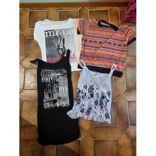 Lot De 2 Débardeurs + 2 T-Shirts Blanc/Noir/Multicolore Pour Femme Taille 38/40