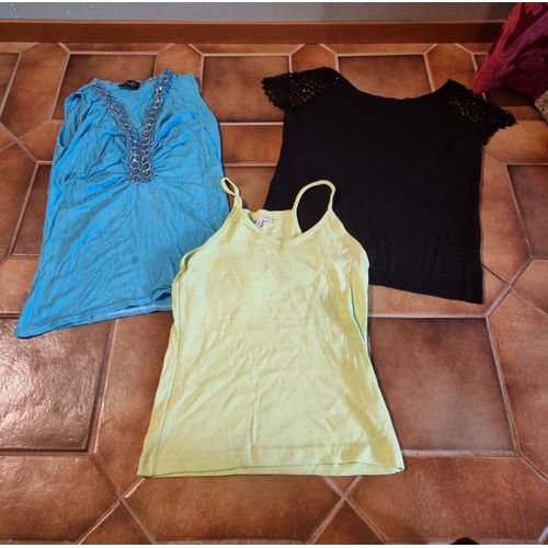 Lot De 2 Débardeurs Et 1 T-Shirt Bleu/Vert/Noir Pour Femme Taille M