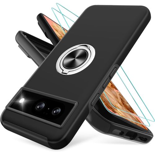 Étui De Protection Pour Google Pixel 8 (6,2"") Noir ¿ Coque Antichoc Double Couche Tpu+Pc, Anneau Support Rotatif 360° Magnétique, 2 Films Écran Anti-Rayures