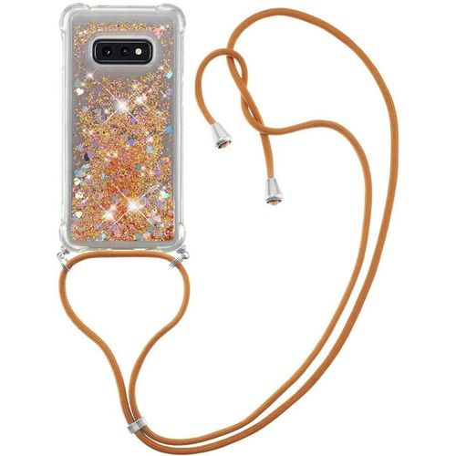 Étui Collier Pour Samsung Galaxy S10e ¿ Coque Tpu Ultra-Fine À Paillettes Liquides Avec Lanière Réglable Dorée