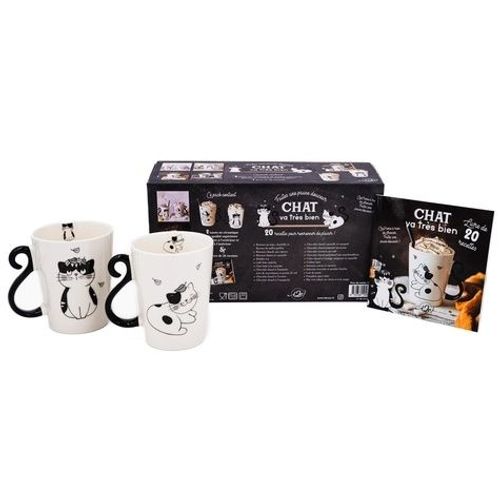 Chat Va Très Bien - Coffret Avec 2 Tasses En Céramique Et 1 Livre De Recettes