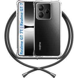 Coque Transparente Anti-Jaune Tpu Pour Realme Gt 7/7t Avec Lanière Bandoulière Réglable Et Détachable (Cordon Ppm Tressé Noir) - Protection Antichoc
