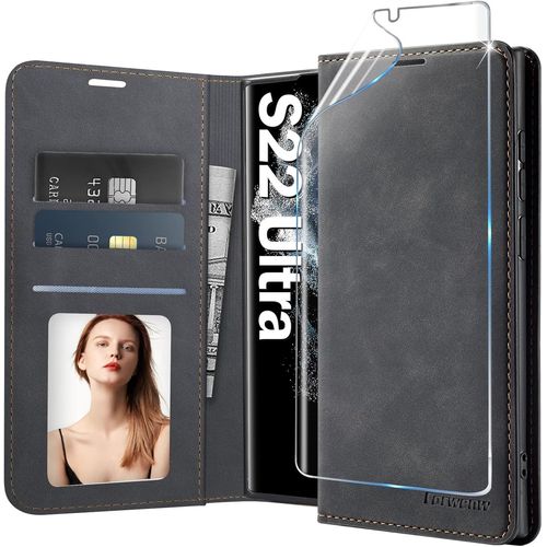 Étui portefeuille cuir pour Samsung Galaxy S22 Ultra 5G ¿ coque antichoc magnétique, 3 emplacements cartes + poche, support & protège¿écran offert (Noir)