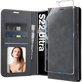 Étui portefeuille cuir pour Samsung Galaxy S22 Ultra 5G ¿ coque antichoc magnétique, 3 emplacements cartes + poche, support & protège¿écran offert (Noir)