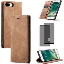 Étui Portefeuille Brun Compatible Iphone 6/7/8 Plus ¿ Coque Intérieure Tpu Souple, Rabat Magnétique, 2 Fentes Cartes + Poche Monnaie, Support Horizontal + Verre Trempé Hd (2 Pcs)