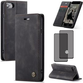 Étui Portefeuille Cuir Pu Magnétique Pour Iphone 6/7/8 - 2 Emplacements Cartes + Pochette, Support Horizontal + 2 Verres Trempés (Noir)