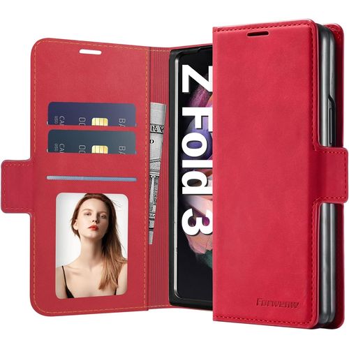Coque Pour Samsung Galaxy Z Fold 3 Housse En Premium Cuir,Magnétique Flip Béquille Portefeuille Emplacement Carte Fermoir Coque Samsung Z Fold 3 Etui, Antichoc Tpu Coque Galaxy Z Fold 3 (Rouqe)