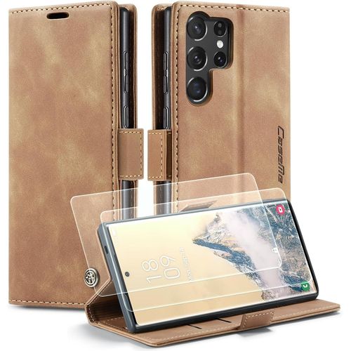 Étui Portefeuille Cuir Pu Premium Pour Samsung Galaxy S25 Ultra 5g - Coque Tpu Intégrée, Rabat Magnétique, 2 Emplacements Cartes + Pochette Billets, Fonction Support, Protection 360° Et 2 Verres Trempés (Marron)