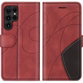Étui Portefeuille En Cuir Pu Pour Samsung Galaxy S22 Ultra - Coque Antichoc Avec 3 Emplacements Cartes Et Poche Monnaie, Support Réglable, Rouge