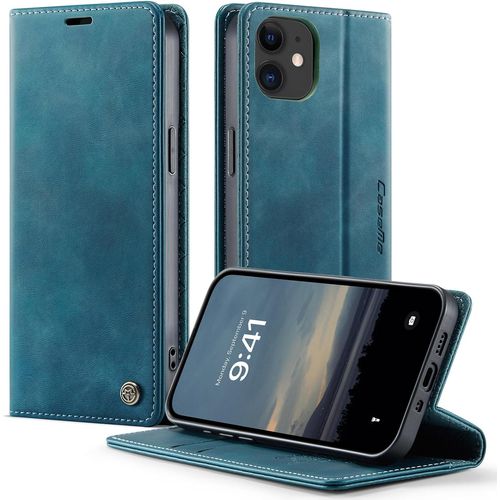 Étui Portefeuille Pour Iphone 12 Mini - Ultra Fin En Cuir Grainé, Coque Tpu, 2 Emplacements Cartes + Poche Billets, Protection Anti-Rfid, Béquille Et Fermeture Magnétique - Bleu