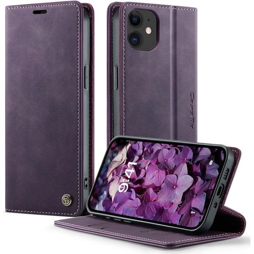 Étui Portefeuille Pour Iphone 12 Mini - Cuir Grainé Ultra Fin, Coque Tpu, 2 Emplacements Cartes + Porte-Billets, Blocage Rfid, Béquille & Fermeture Magnétique (Violet)