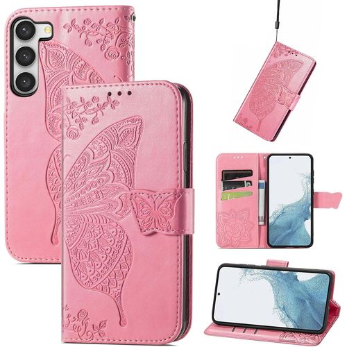 Étui Portefeuille Pour Samsung Galaxy S23 - Coque En Cuir Pu Antichoc À Motif Papillon 3d, 3 Emplacements Cartes, Fermeture Magnétique Et Support - Rose