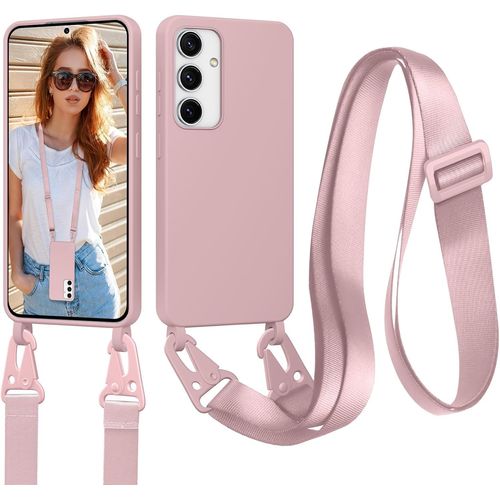 Étui Silicone Liquide Pour Samsung Galaxy S23 5g - Protection Anti-Choc Avec Sangle Bandoulière Réglable Et Détachable À Mousqueton, Rose