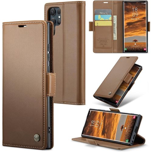 Coque Pour Samsung Galaxy S24 Ultra, Protection Antichoc Avec Flip, Fermoir Papillon Magnétique, Blocage Rfid, Porte-Cartes, Support Intégré, Mince Et Élégant, Antichoc Anti-Rayures, Marron