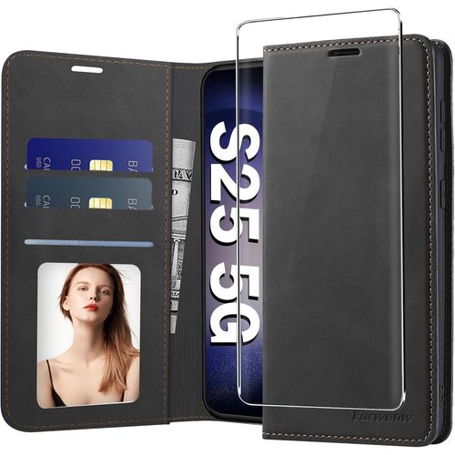 Étui Portefeuille Samsung Galaxy S25 5g - Coque Cuir Pu Antichoc Avec Rabat Magnétique, 3 Emplacements Cartes + Pochette Billets, Fonction Support (Noir)