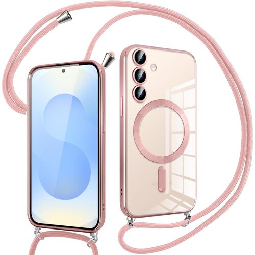 SJZG-Coque Pour Samsung Galaxy S25 Avec Cordon, Transparent Silicone Ultra Mince Housse Avec Réglable Collier, Antichoc Protection Magnétique Housse, Bandoulière-Rose