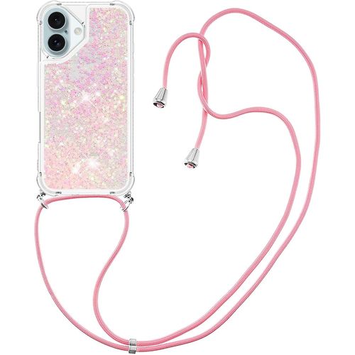 Étui Silicone Ultra¿Mince Liquide Pailleté Pour Iphone 16 Avec Cordon Réglable - Collier/Chaîne Rose