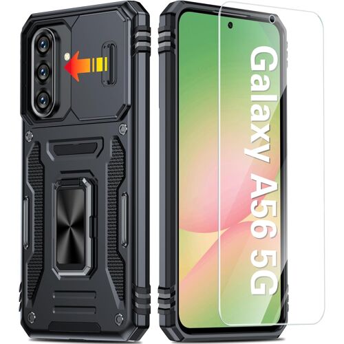 JGD-Coque pour Samsung Galaxy A56 5G/A36 5G avec Verre Trempé+Protection Caméra Coulissante, Militaire PC Dur Renforcée Armor Antichoc Bumper Housse Etui Coque Samsung A56/A36-Noir